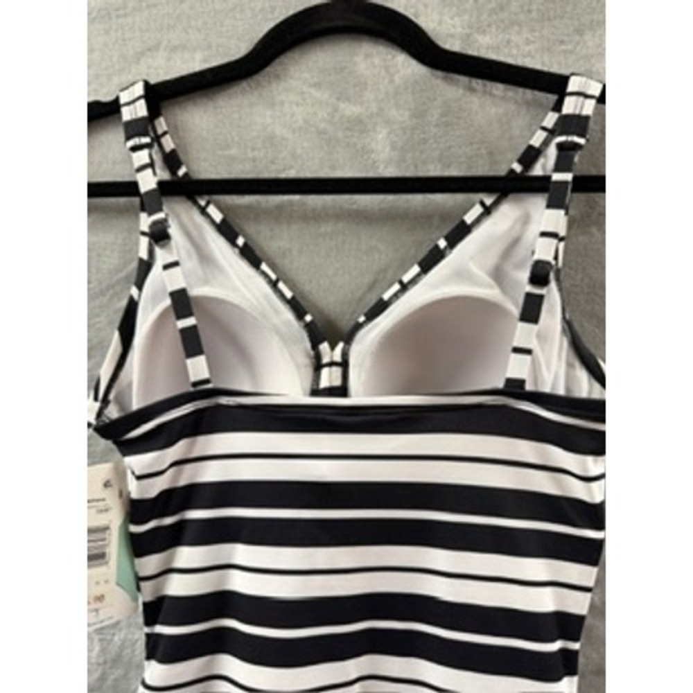 Swim Solutions Women Black White Striped Ruched V-Neck One-Piece Swimsuit NWT 8 - Picture 14 of 14